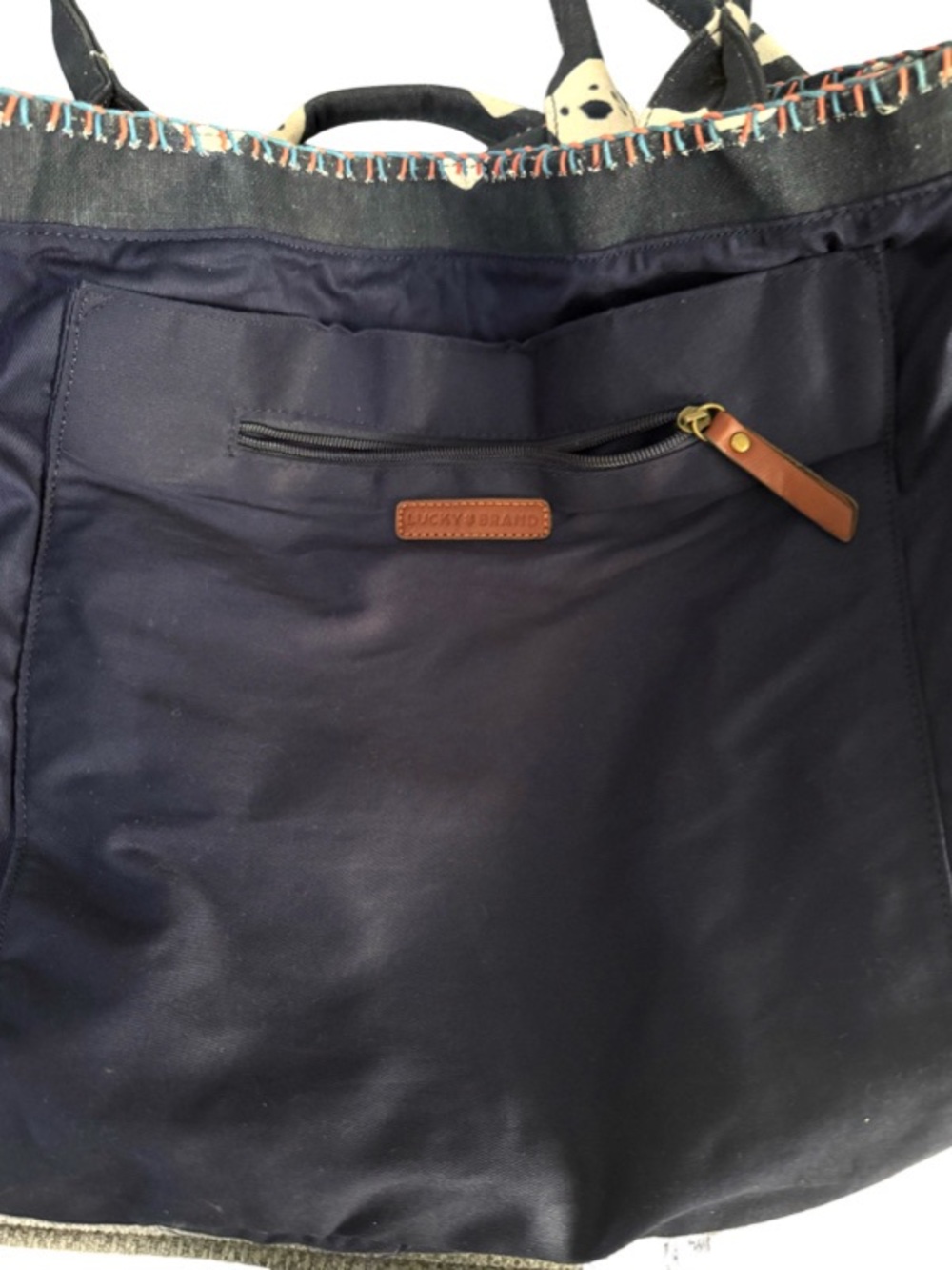 Lucky Brand Canvas Batik Tote Bag plus Zippered Wallet Pouch Leather Navy White - Picture 6 of 16